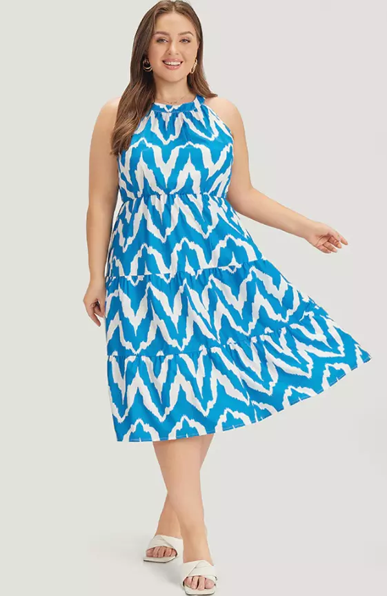 Geometric Print Halter Pocket Ruffle Tiered Dress
