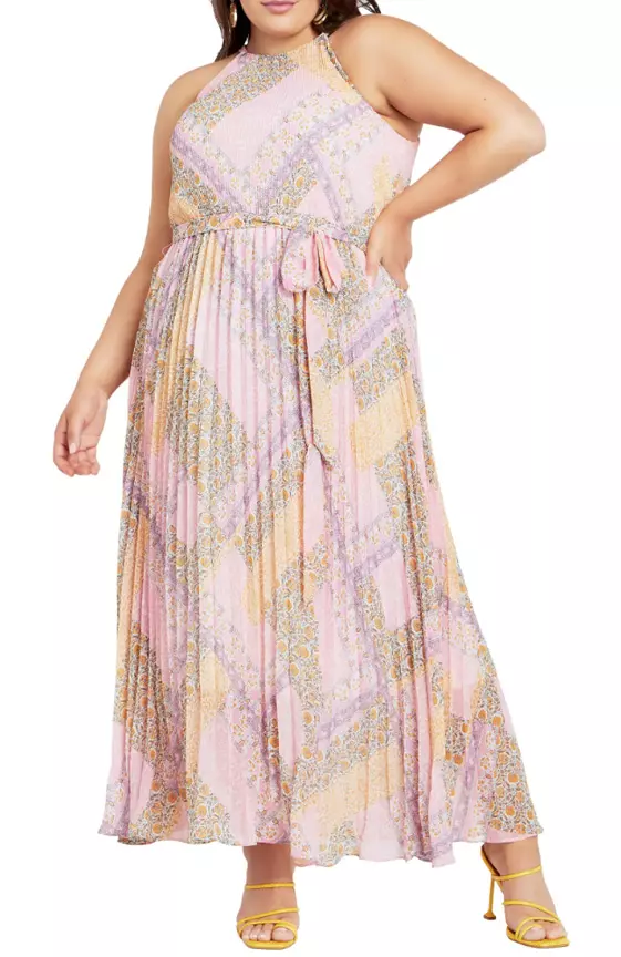 Regina Floral Patchwork Pleated Belted Maxi Dress
