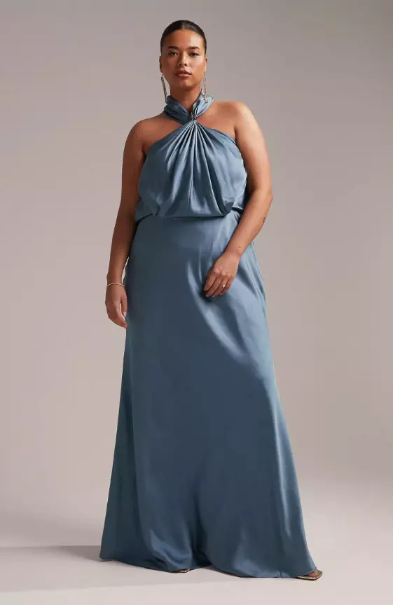 ASOS DESIGN Bridesmaid Curve satin ruched halter neck maxi dress in dusky blue
