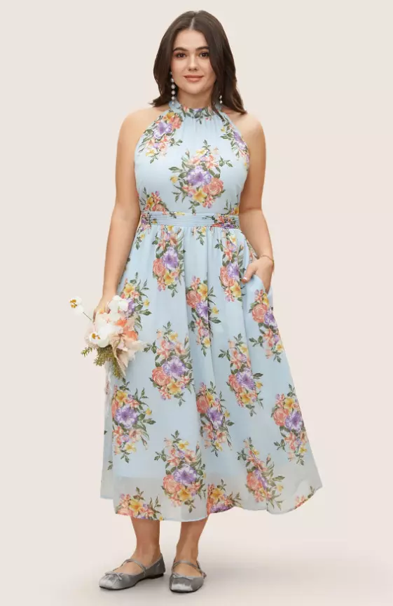 Halter Floral Print Pleated Pocket Dress
