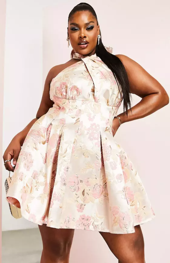 ASOS LUXE Curve halter neck mini jacquard swing dress in pink floral