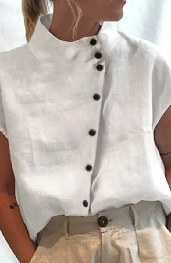 Women′s Shirt Blouse Linen Cotton Turtleneck Shirt Plain Casual Button Short Sleeve Elegant Fashion Basic Standing Collar Regular Fit Spring Summer