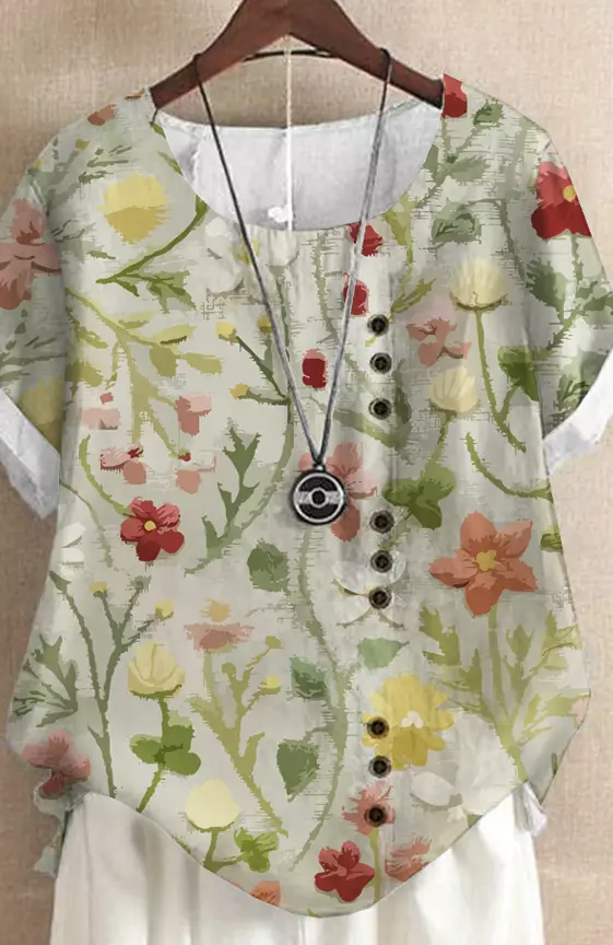 Women′s Linen Shirt T Shirt Tee Blouse Floral Daily Going Out Weekend Print Button Short Sleeve Streetwear Crewneck Regular Fit Summer Spring