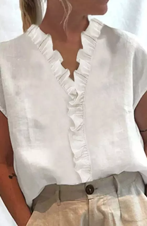 Women Elegant Ruffled Trim V Neck Cotton And Linen Summer Short Sleeve Blouse