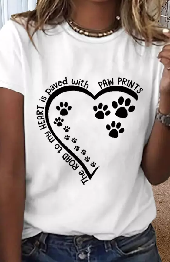 Women′s Dog Lovers The Road To My Heart Is Paved With Paw Prints Loose Cotton T-Shirt
