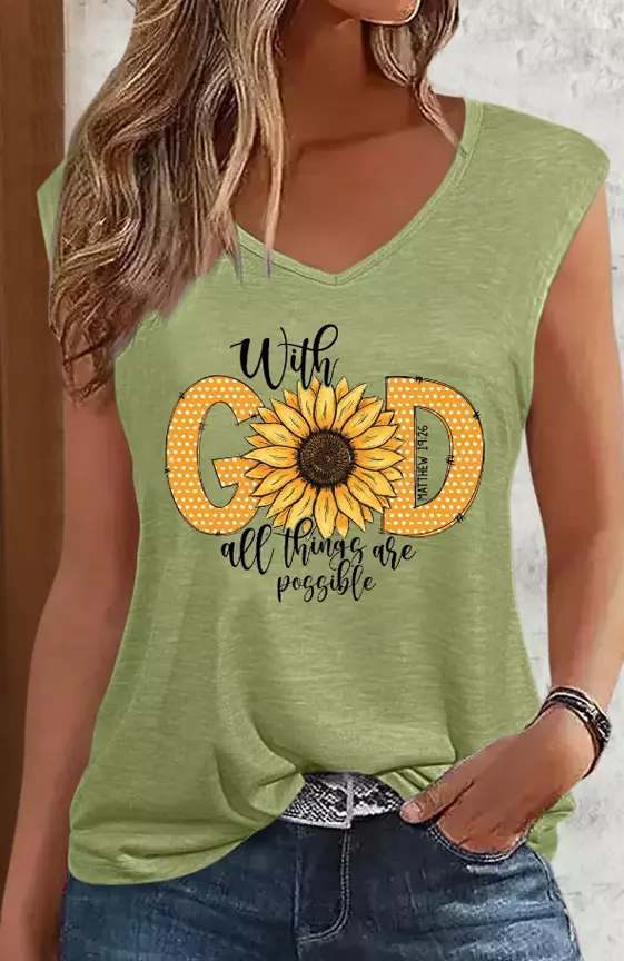 Women′s Bible Verse With God All Things Are Possible V Neck Simple Tank Top