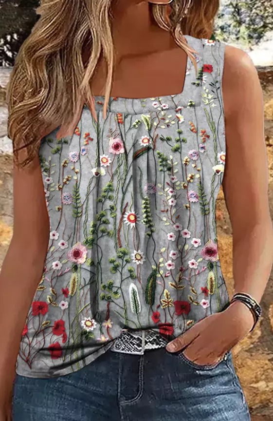 Women′s Casual Loose Square Neck Floral Tank Top