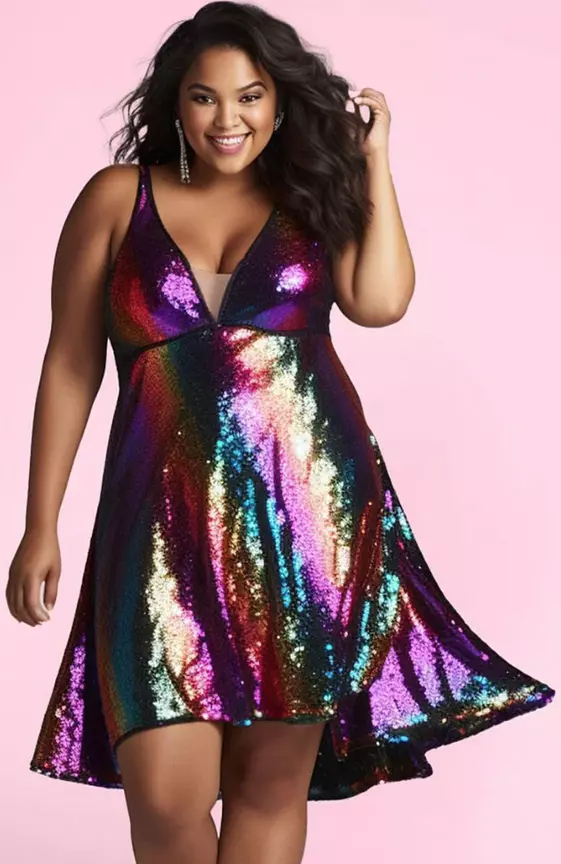 Xpluswear Design Plus Size Party Multicolor Rainbow Colorblock Glitter V Neck Mini Dresses
