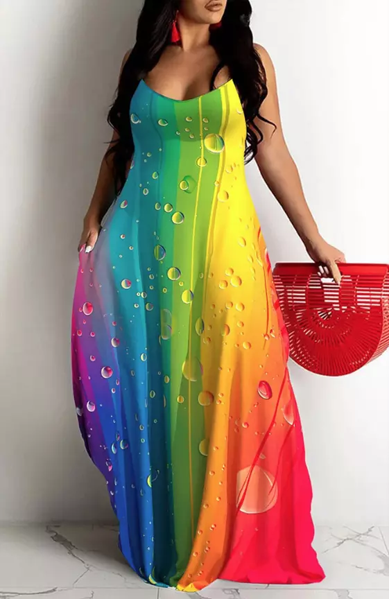 Plus Size Casual Rainbow Water Droplets Print U Neck Sleeveless Maxi Dresses
