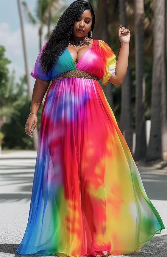 Xpluswear Design Plus Size Vacation Colorful Tie Dye V Neck Short Sleeve Maxi Dress
