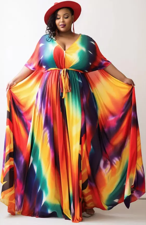 Xpluswear Design Plus Size Beach Rainbow Tie Dye Spring Summer V Neck Half Sleeve Wrap Knitted Maxi Dresses
