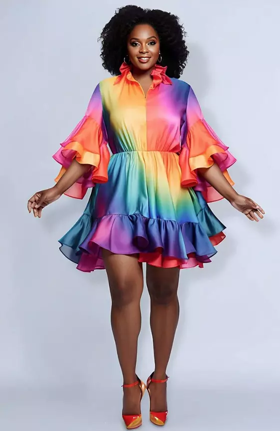 Xpluswear Design Plus Size Vacation Multicolor Gradient Flare 3/4 Sleeve Ruffle Satin Mini Dresses
