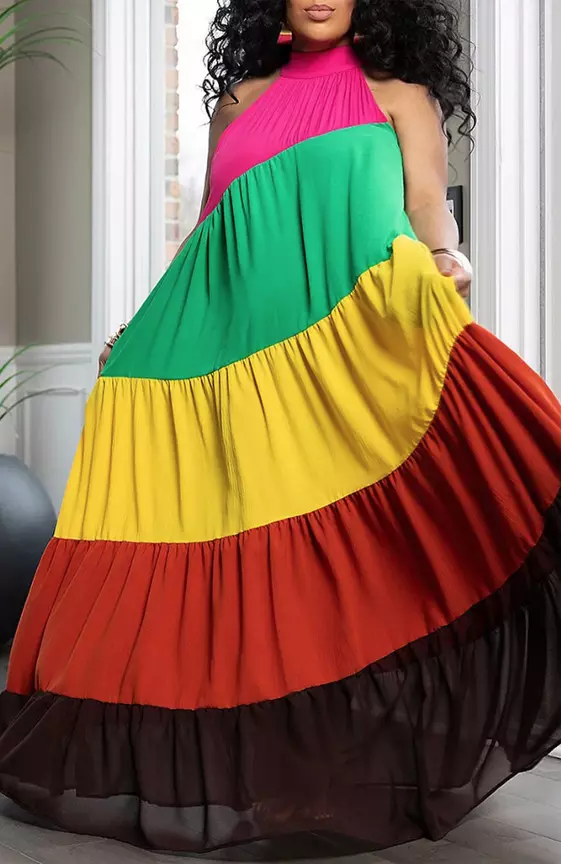 Plus Size Vacation Multicolor Colorblock Halter Collar Contrast Cotton Maxi Dresses

