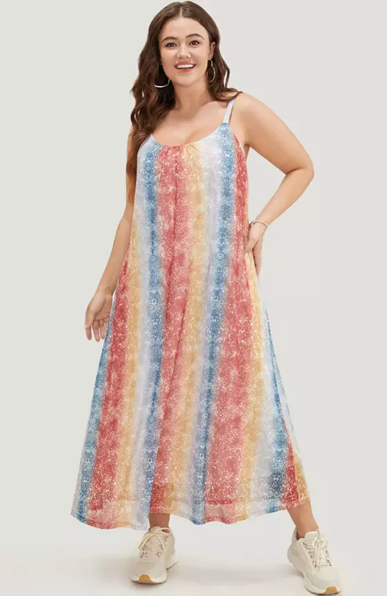Rainbow Striped Pocket Contrast Cami Maxi Dress
