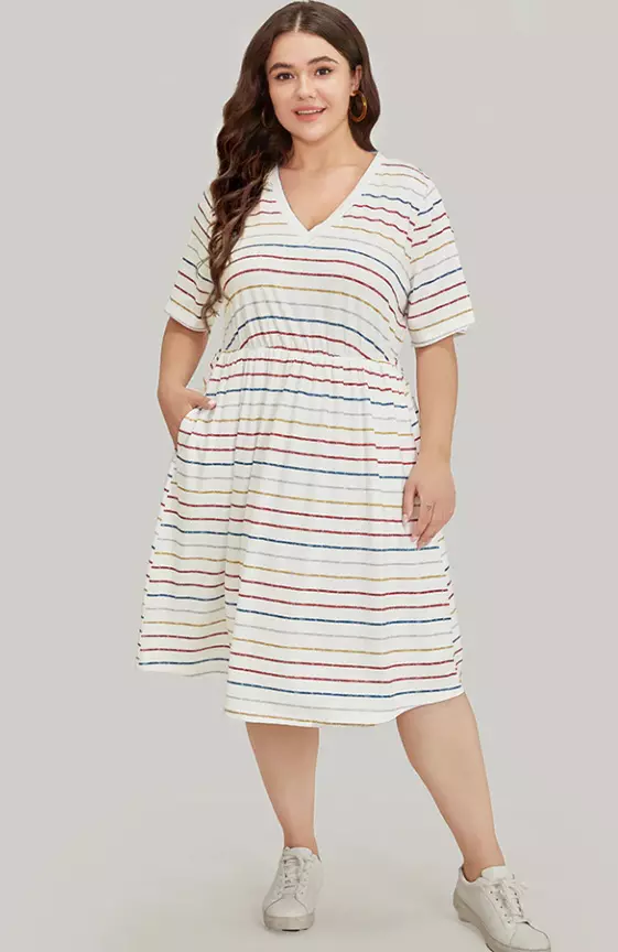 Rainbow Striped V Neck Pocket Contrast Midi Dress

