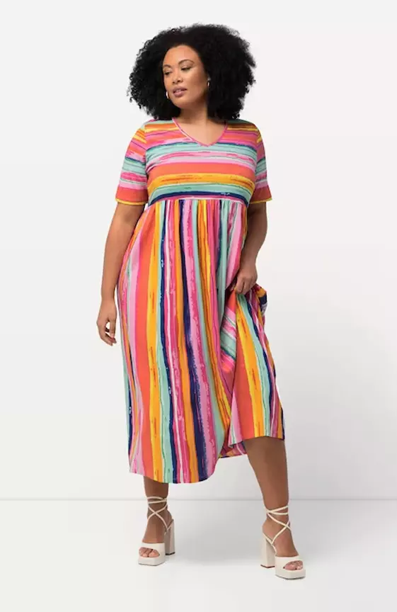 Rainbow Stripe Short Sleeve Pocket Empire Knit Dress
