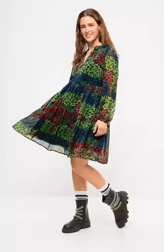 Rainbow Leopard Print Long Sleeve Chiffon Dress
