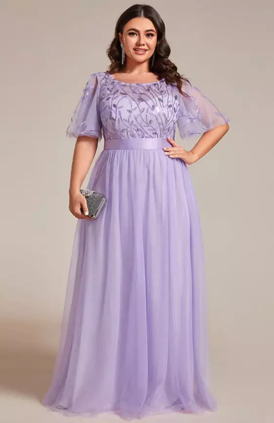 Plus Size Women′s Embroidery Evening Dresses with Short Sleeve
