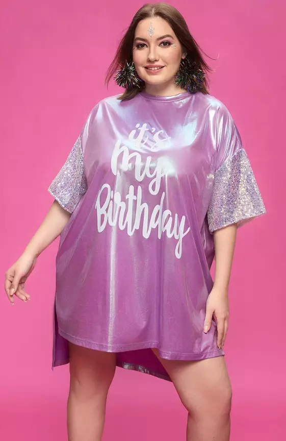 Xpluswear Design Plus Size Party Lavender Letter Print Round Neck Short Sleeve Asymmetric Hem Glitter Mini Dresses
