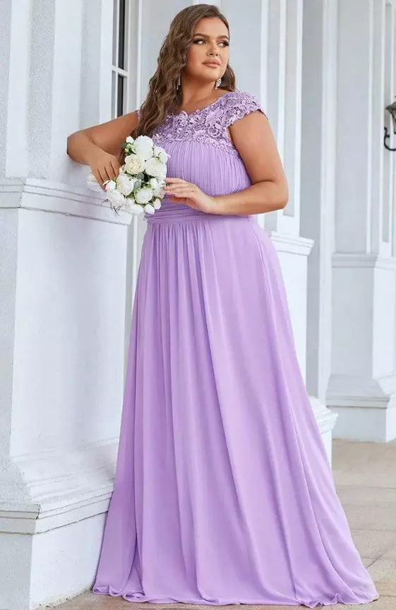 Plus Size Elegant Maxi Long Lace Cap Sleeve Bridesmaid Dress

