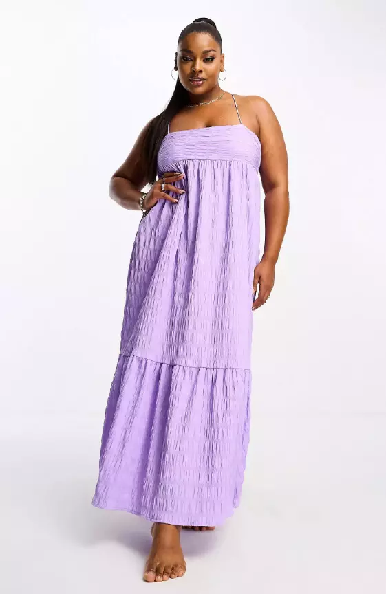 Esmee Plus beach textured tiered maxi summer dress in lilac waffle
