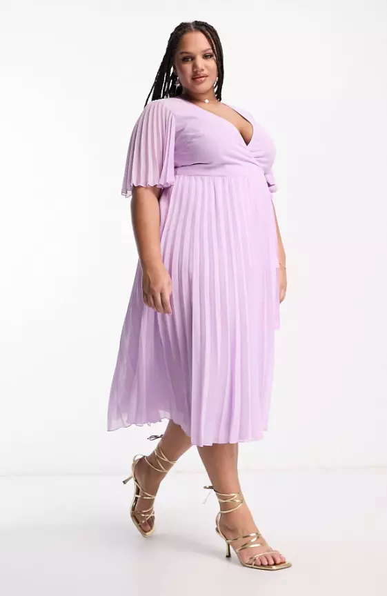 ASOS DESIGN Curve exclusive pleated midi dress with kimono sleeve and tie waist in lilac
