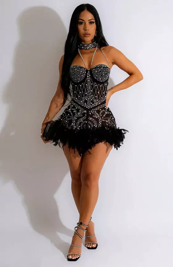 Sleeveless Rhinestone Backless A-Line Feather Hemline Party Playsuit Romper
