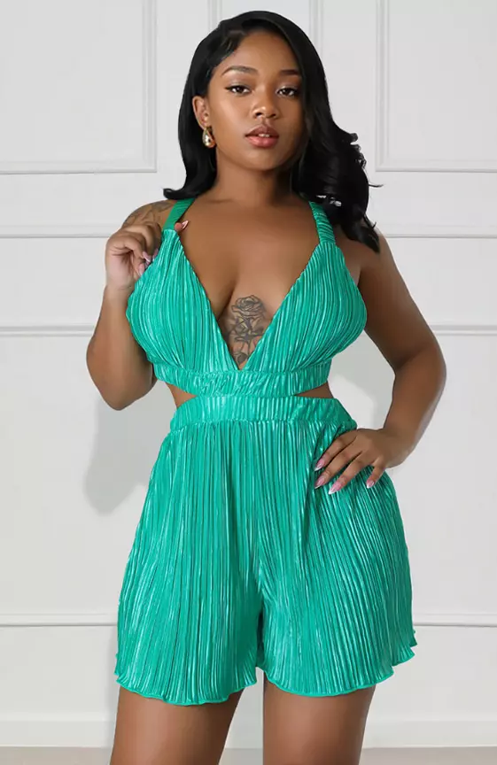 Deep V Neck Backless Cami Cutout Pleated Playsuit Romper-Green

