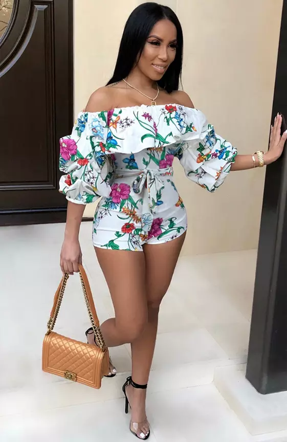 Floral Print Off Shoulder 3/4 Puff Sleeve Tie Up Playsuit Romper-White
