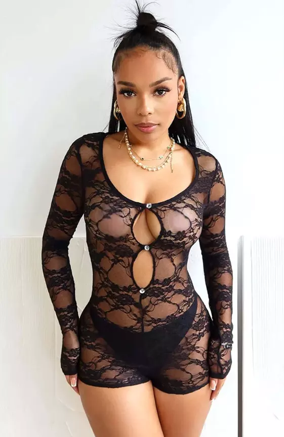 Hollow Out Long Sleeve See-Through Lace Playsuit Romper-Black
