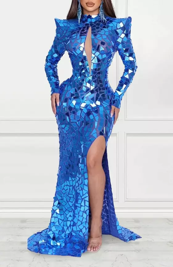 Xpluswear Plus Size Royal Blue Formal Mirror Sequin Long Sleeve High Slit Maxi Dresses
