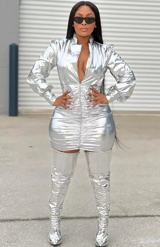 Sheen Metallic Finish Deep V Neck Lantern Sleeve Ruched Bodycon Mini Dresses-Silver
