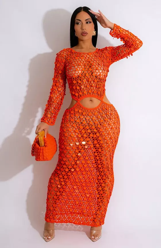 Crochet Sequins Cover Up Long Sleeve Cut Out Maxi Dresses
