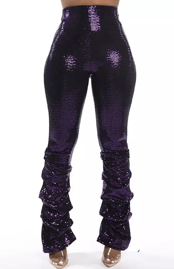 Plus Size Party Glitter Purple High Waist Fold Leggings
