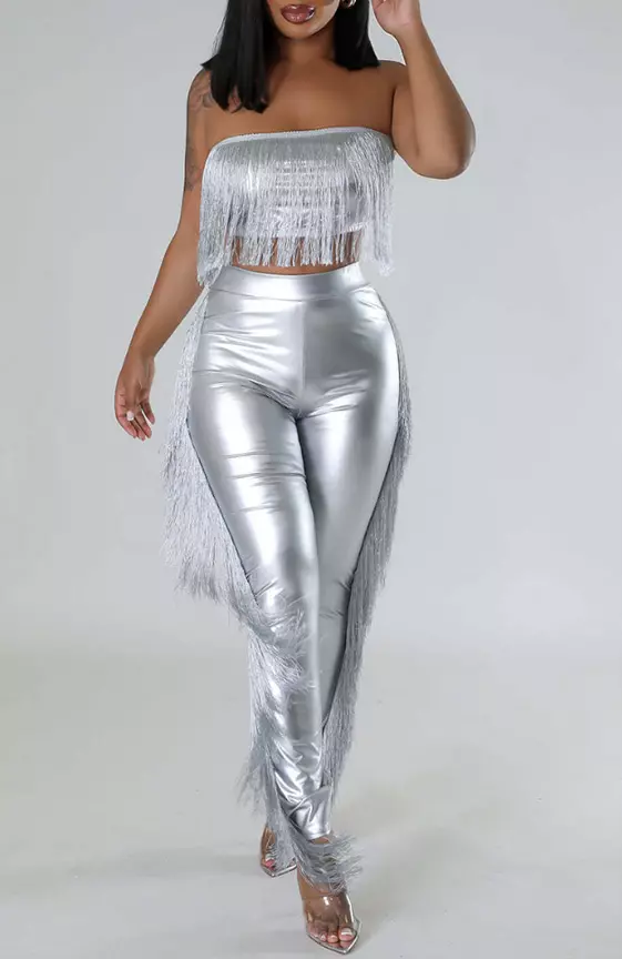 Fringed Trim Crop Tube Top Slim Fit Party Pants Matching Set-Silver
