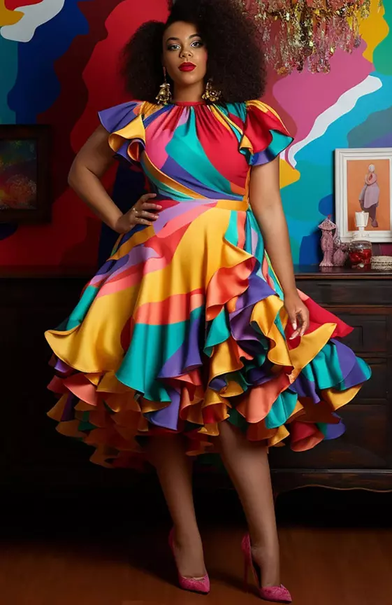 Xpluswear Design Plus Size Party Vintage Multicolor Colorblock Round Neck Petal Sleeve Short Sleeve Ruffle Satin Tiered Midi Dresses

