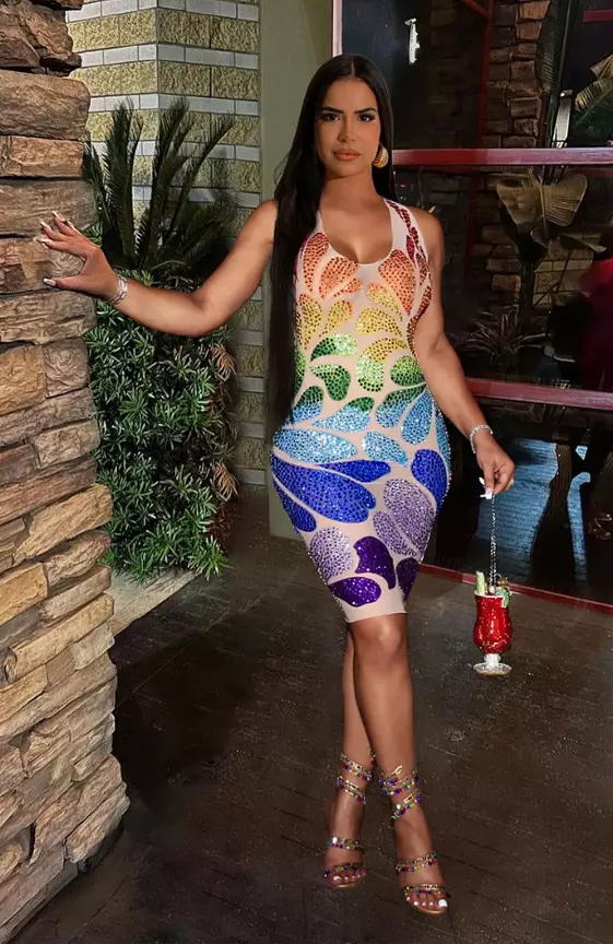 Bronzing Pattern Rainbow Color Sleeveless Bodycon Cocktail Party Mini Dresses
