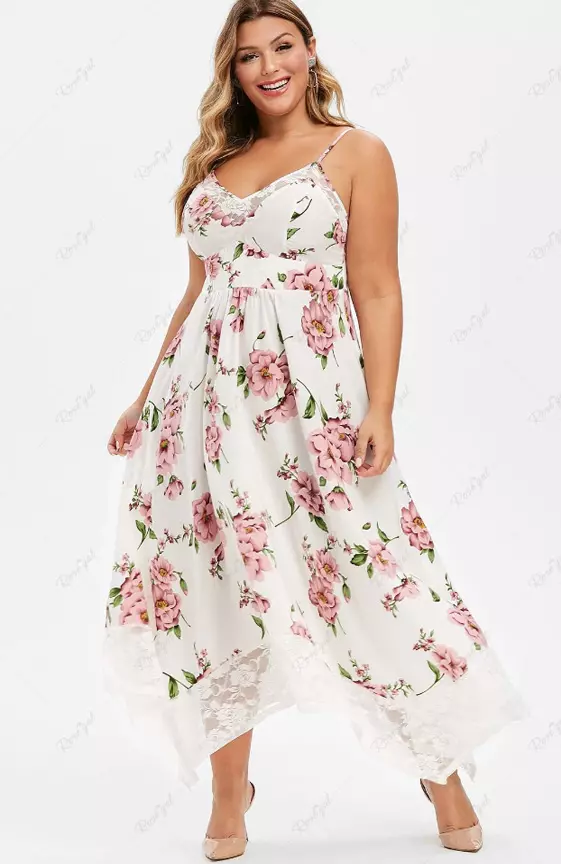 Plus Size Flower Print Lace Panel Asymmetrical Dress