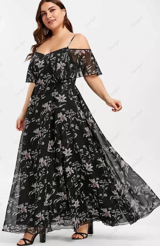 Plus Size Cold Shoulder Flower Printed Dress