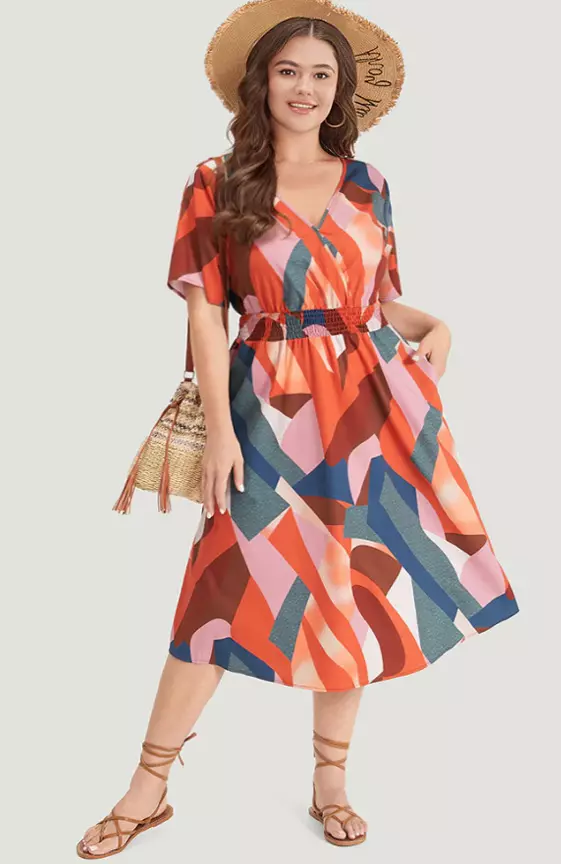 Colour Geometric Contrast Shirred Ruffles Elastic Waist Dress