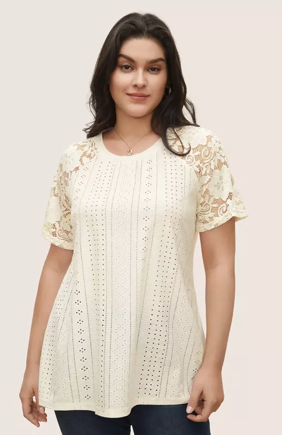 Solid Broderie Anglaise Lace Raglan Sleeve T-Shirt