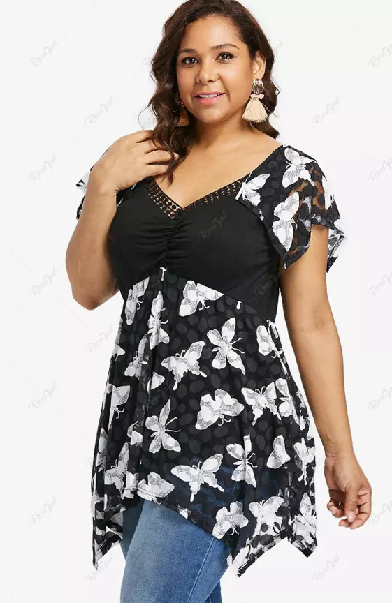 Plus Size Butterfly Print Hollow Out Neck Ruched T-shirt