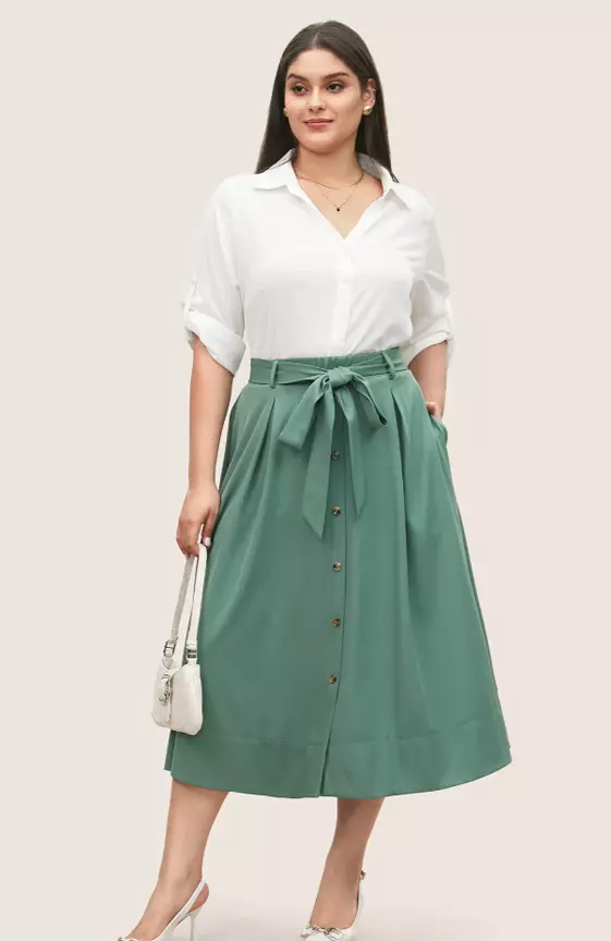 Plain Elastic Waist Pleated Belted Skirt