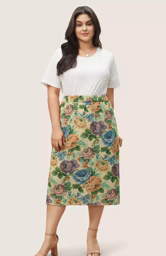 Floral Print Elastic Waist Pocket Split Hem Skirt