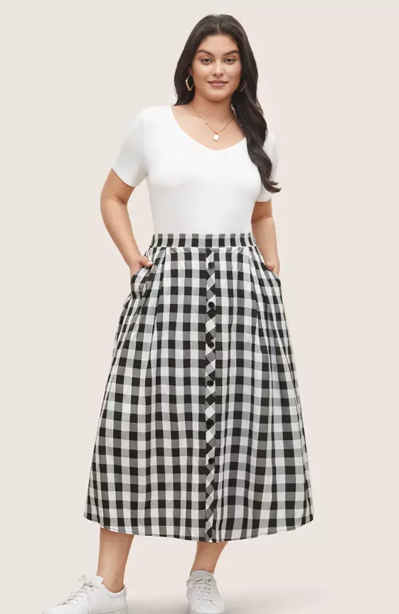 Gingham Button Detail Elastic Waist Pocket Skirt
