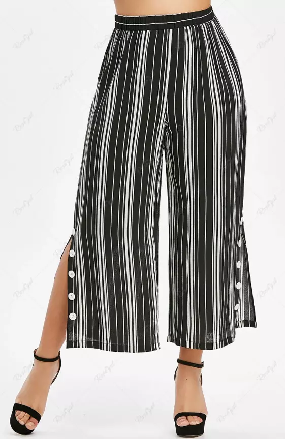 Plus Size Black White Stripe Print Buttons Split Wide Leg Pants