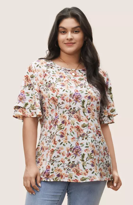 Floral Print Tiered Flutter Sleeve Blouse