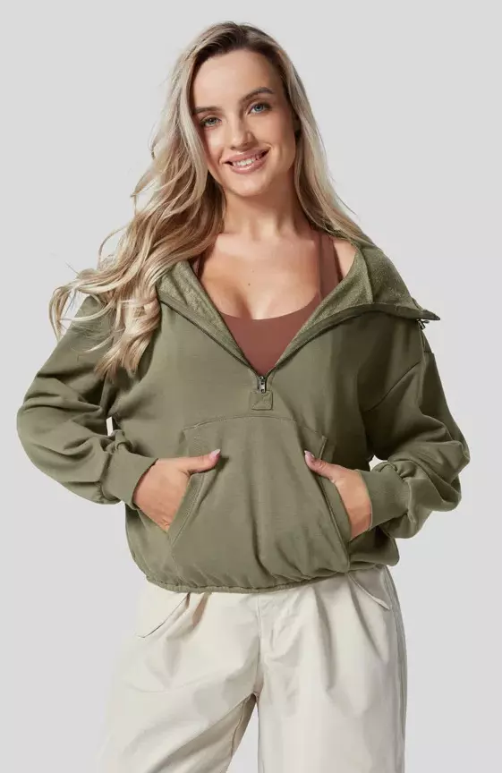 Hooded Drawcord Half Zip Long Sleeve Kangaroo Pocket Casual Sweatshirt
