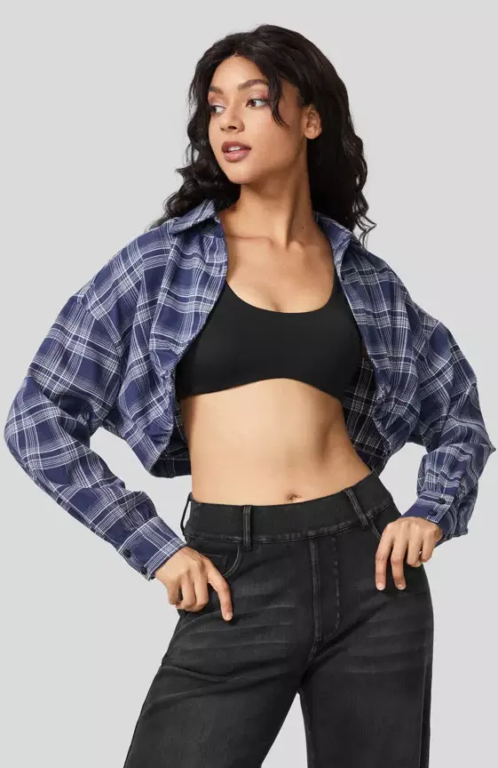 Collared Button Long Sleeve Cropped Plaid Casual Jacket
