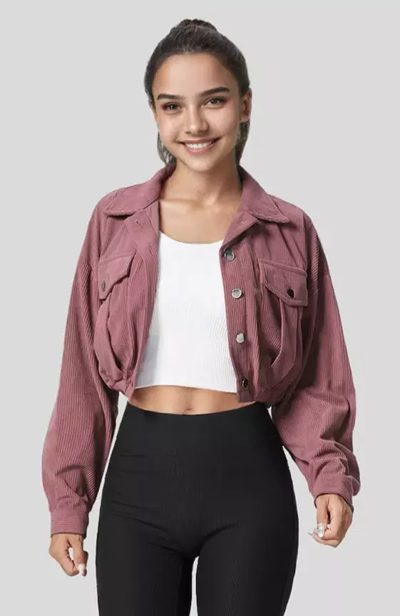 Collared Button Pocket Cropped Corduroy Casual Jacket

